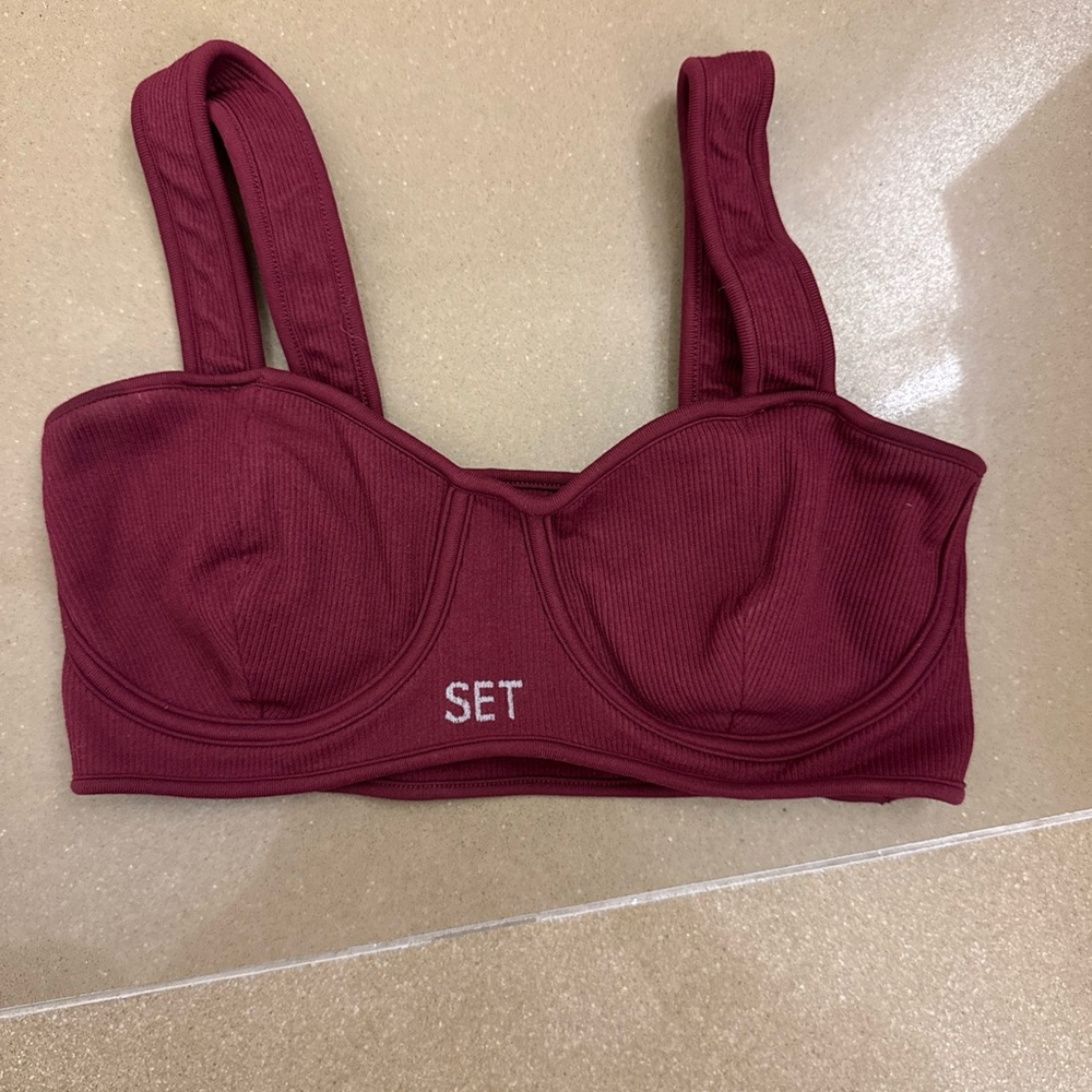 Set Active Ribbed Sculpt Flex Contour Sports Bra Maroon Size S